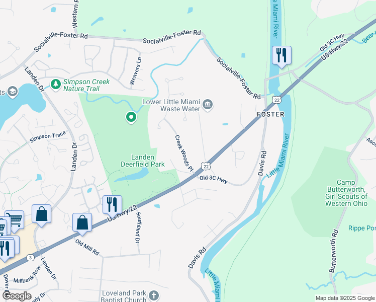 map of restaurants, bars, coffee shops, grocery stores, and more near 8232 Creek Woods Place in Maineville