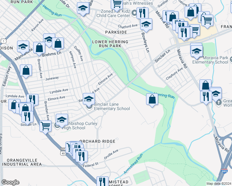 map of restaurants, bars, coffee shops, grocery stores, and more near 4130 Raymonn Avenue in Baltimore