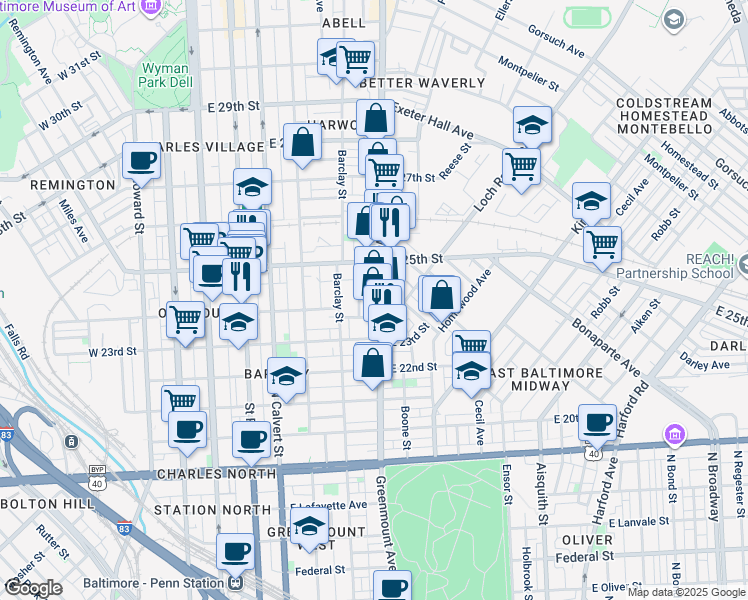 map of restaurants, bars, coffee shops, grocery stores, and more near 2424 Greenmount Avenue in Baltimore