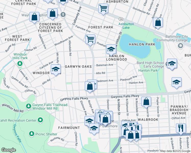 map of restaurants, bars, coffee shops, grocery stores, and more near 2515 Garrison Boulevard in Baltimore