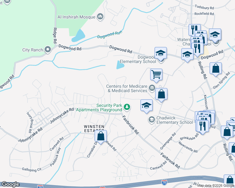 map of restaurants, bars, coffee shops, grocery stores, and more near 7507 Fairbrook Road in Woodlawn