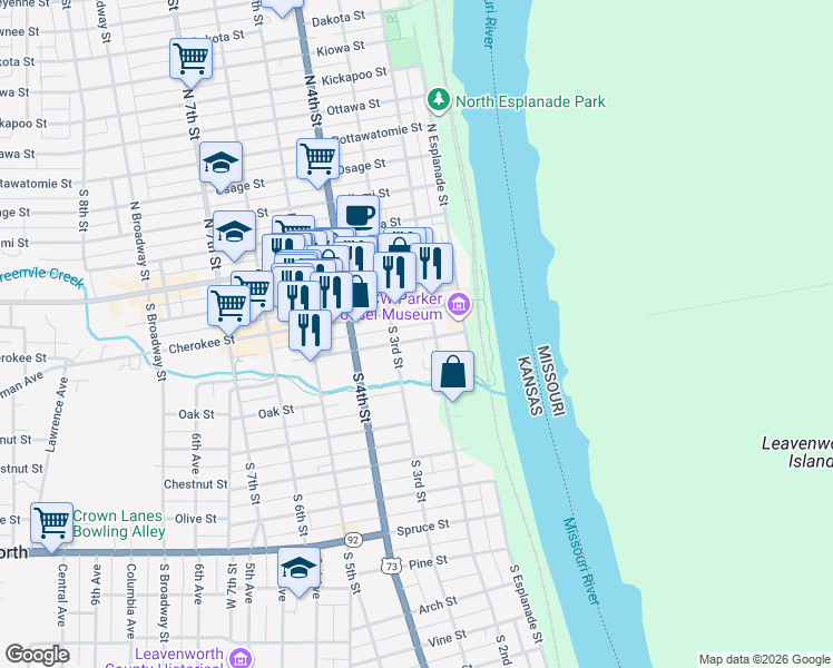 map of restaurants, bars, coffee shops, grocery stores, and more near 229 Choctaw Street in Leavenworth