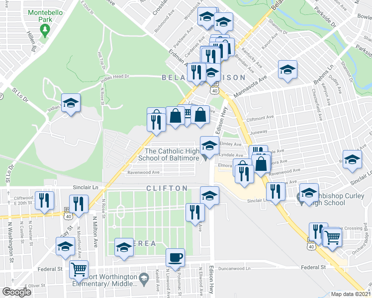 map of restaurants, bars, coffee shops, grocery stores, and more near 3419 Elmley Avenue in Baltimore