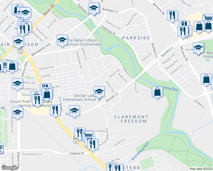 map of restaurants, bars, coffee shops, grocery stores, and more near 4005 Balfern Avenue in Baltimore
