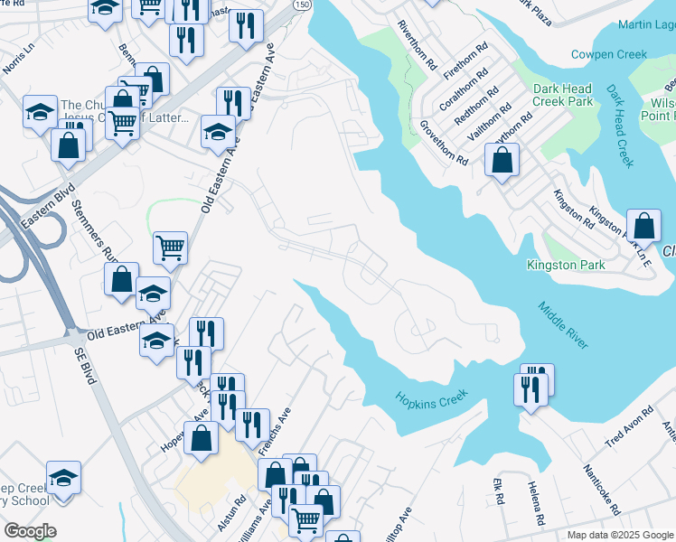 map of restaurants, bars, coffee shops, grocery stores, and more near 1605 Sandy Hollow Circle in Essex
