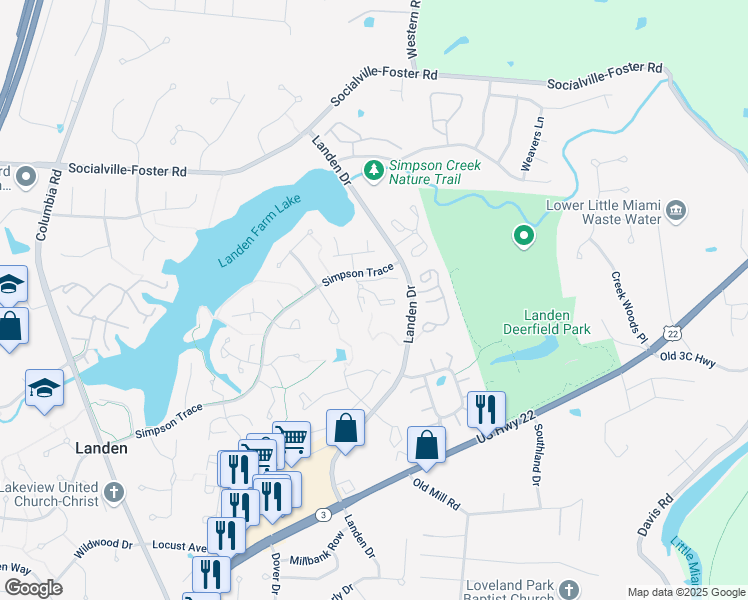 map of restaurants, bars, coffee shops, grocery stores, and more near 8222 Russet Lane in Maineville