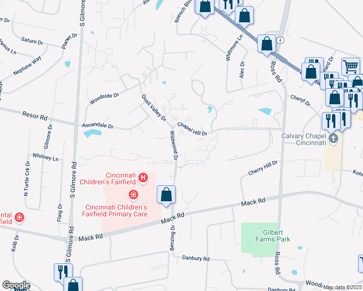 map of restaurants, bars, coffee shops, grocery stores, and more near 38 Wildwood Drive in Fairfield