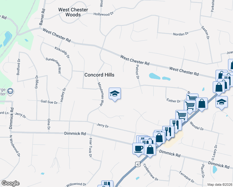 map of restaurants, bars, coffee shops, grocery stores, and more near 9316 Minuteman Way in Butler County