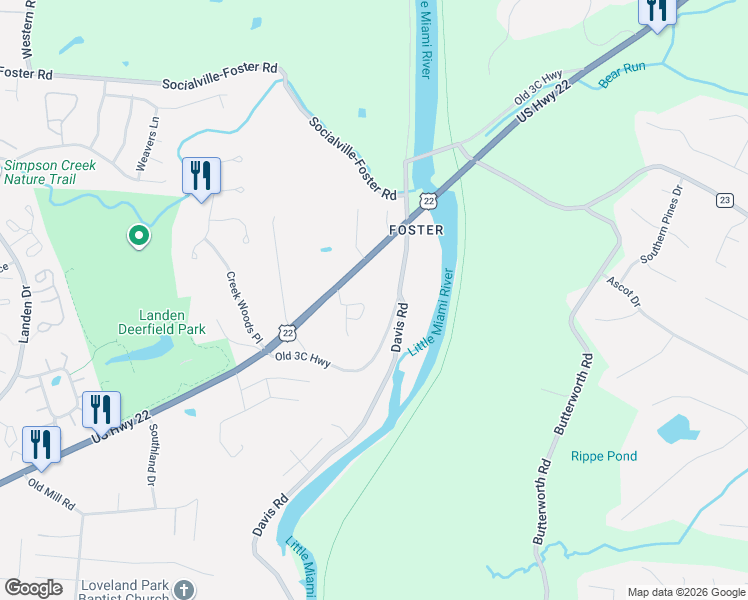 map of restaurants, bars, coffee shops, grocery stores, and more near 8232 Riversedge Circle in Maineville