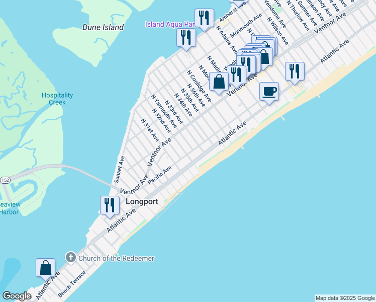 map of restaurants, bars, coffee shops, grocery stores, and more near 3201 Pacific Avenue in Longport