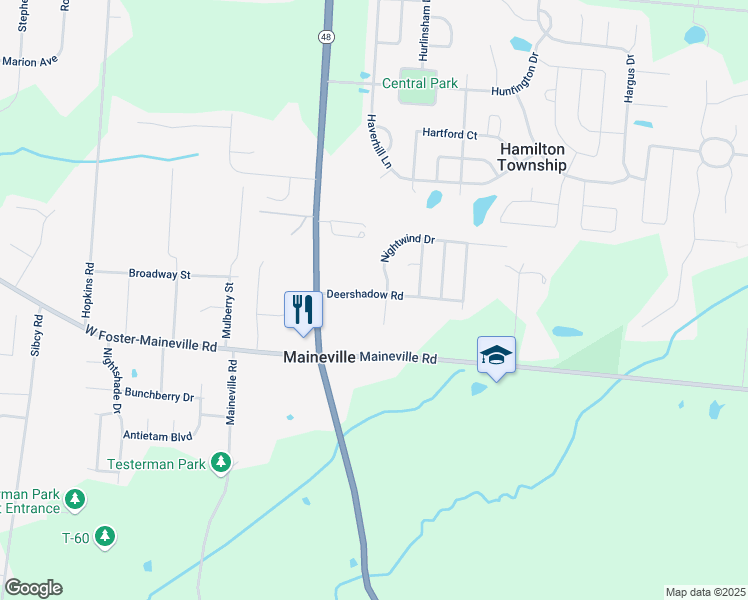 map of restaurants, bars, coffee shops, grocery stores, and more near 8080 Ohio 48 in Maineville