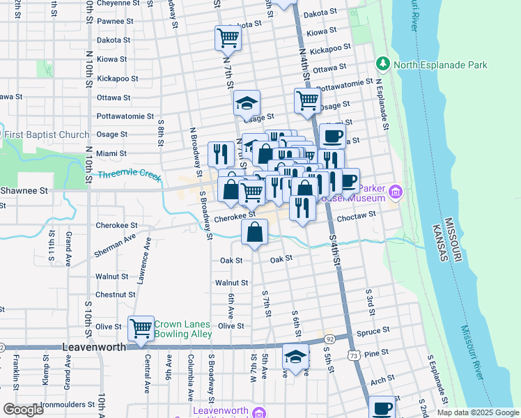 map of restaurants, bars, coffee shops, grocery stores, and more near 601 Cherokee Street in Leavenworth