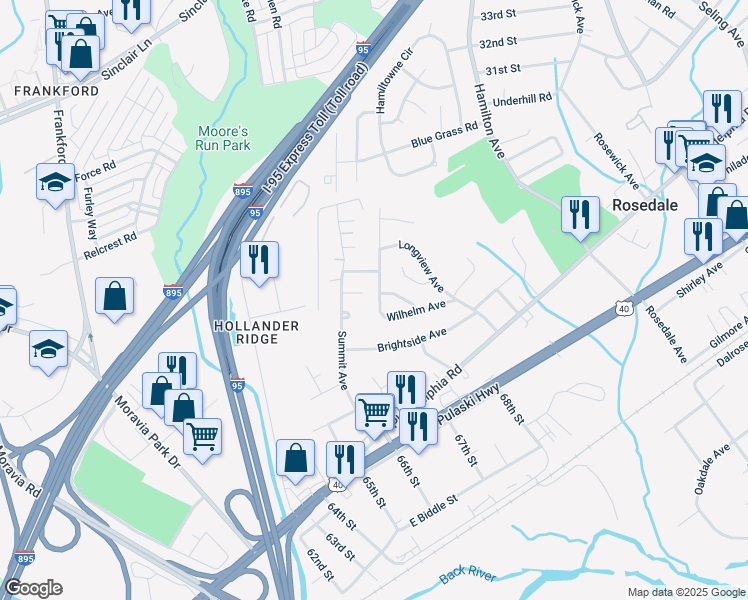 map of restaurants, bars, coffee shops, grocery stores, and more near 1908 Wilhelm Avenue in Rosedale
