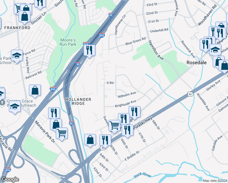 map of restaurants, bars, coffee shops, grocery stores, and more near 1908 Wilhelm Avenue in Rosedale