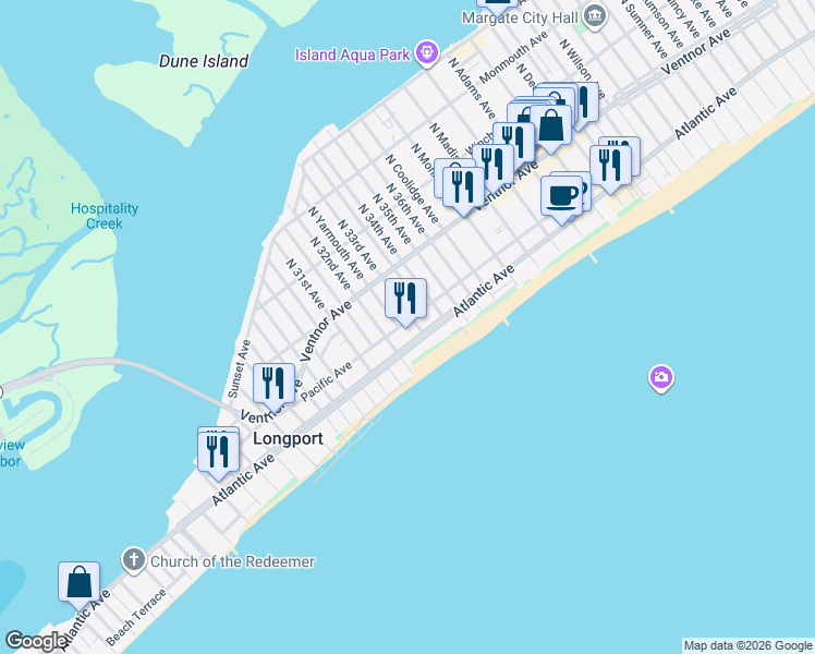 map of restaurants, bars, coffee shops, grocery stores, and more near 3201 Atlantic Avenue in Longport
