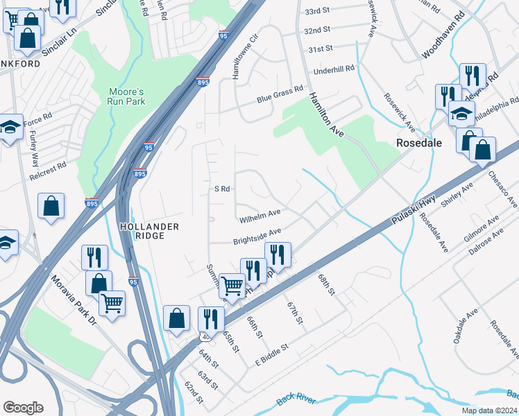 map of restaurants, bars, coffee shops, grocery stores, and more near 1903 Aster Road in Rosedale