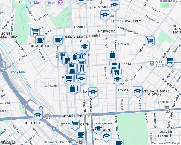 map of restaurants, bars, coffee shops, grocery stores, and more near 2421 North Calvert Street in Baltimore