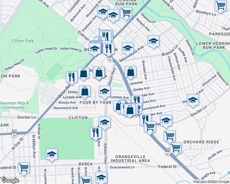 map of restaurants, bars, coffee shops, grocery stores, and more near 3517 Elmley Avenue in Baltimore
