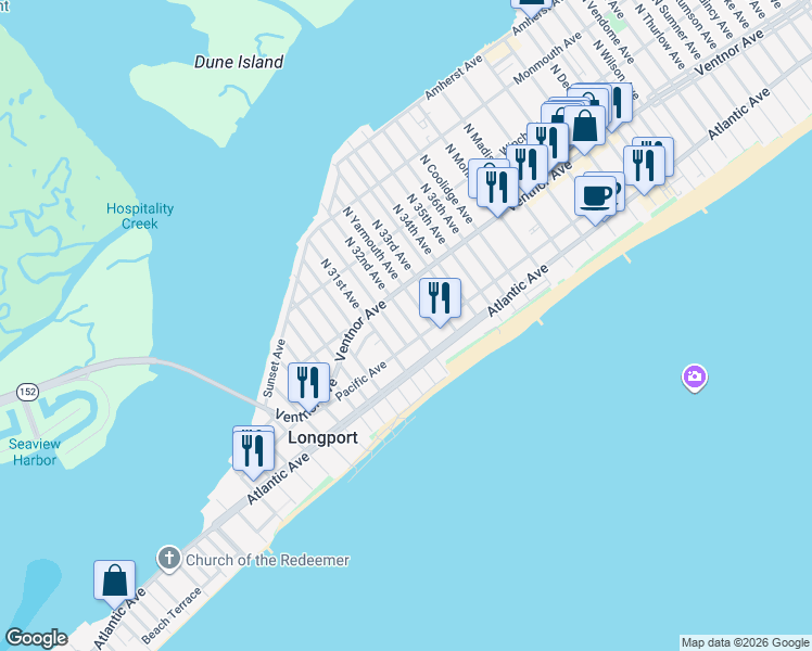 map of restaurants, bars, coffee shops, grocery stores, and more near 25 South 31st Avenue in Longport