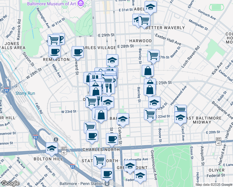 map of restaurants, bars, coffee shops, grocery stores, and more near 2424 North Calvert Street in Baltimore
