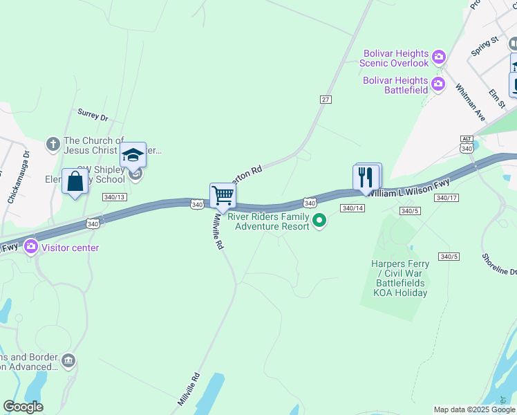 map of restaurants, bars, coffee shops, grocery stores, and more near U.S. 340 in Millville