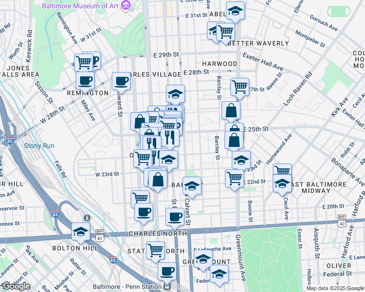 map of restaurants, bars, coffee shops, grocery stores, and more near 2424 North Calvert Street in Baltimore