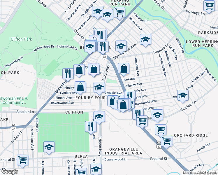 map of restaurants, bars, coffee shops, grocery stores, and more near 3517 Elmley Avenue in Baltimore