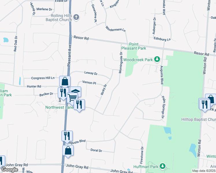 map of restaurants, bars, coffee shops, grocery stores, and more near 6027 Morningside Drive in Fairfield