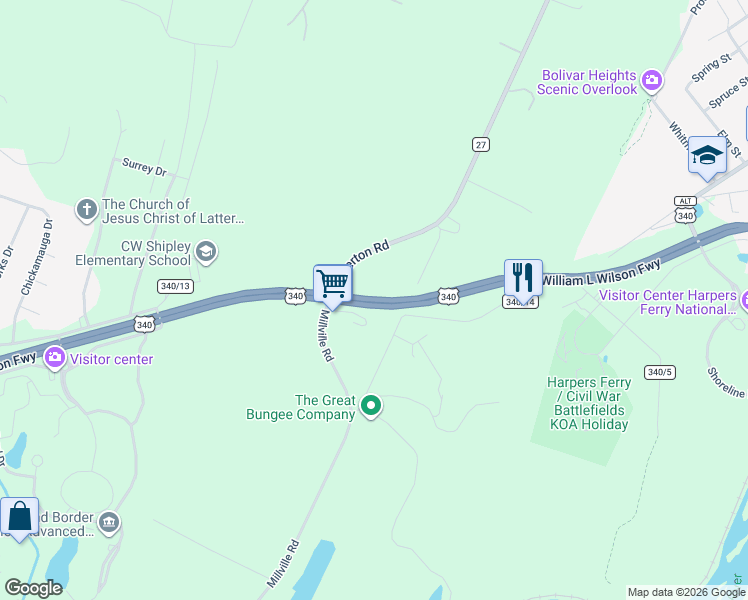 map of restaurants, bars, coffee shops, grocery stores, and more near U.S. 340 in Harpers Ferry