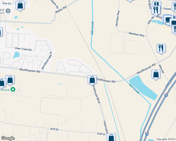 map of restaurants, bars, coffee shops, grocery stores, and more near 5379 Aster Park Drive in Butler County