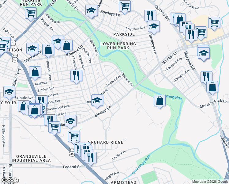 map of restaurants, bars, coffee shops, grocery stores, and more near 4027 Raymonn Avenue in Baltimore