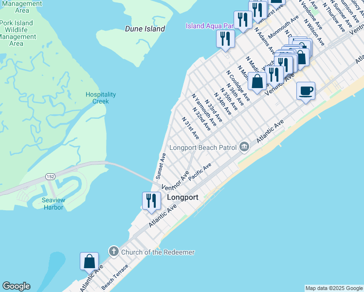map of restaurants, bars, coffee shops, grocery stores, and more near 2927 Longport Drive in Longport