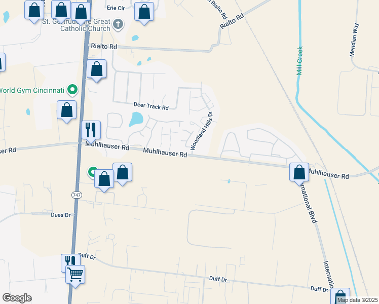map of restaurants, bars, coffee shops, grocery stores, and more near 9580 Woodland Hills Drive in Butler County