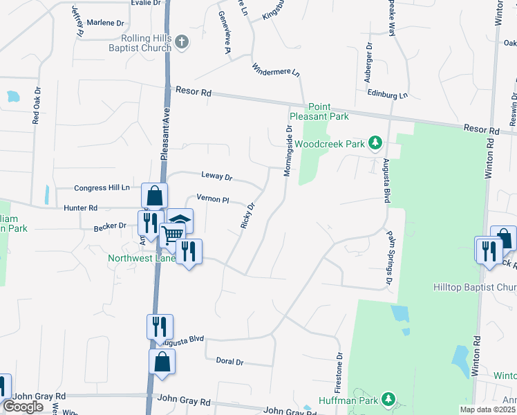 map of restaurants, bars, coffee shops, grocery stores, and more near 6027 Morningside Drive in Fairfield