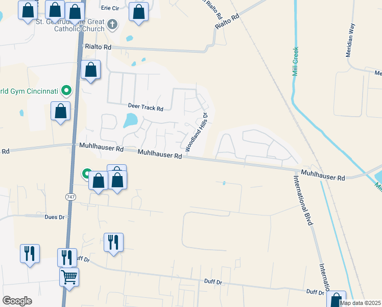 map of restaurants, bars, coffee shops, grocery stores, and more near 9580 Woodland Hills Drive in Butler County