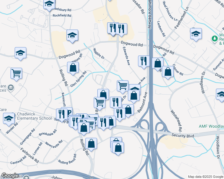 map of restaurants, bars, coffee shops, grocery stores, and more near 10 Kettle Court in Baltimore