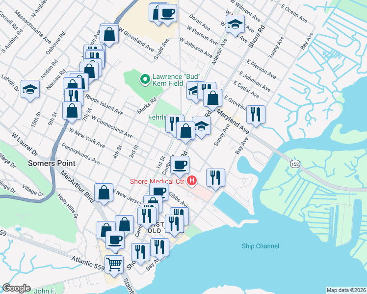 map of restaurants, bars, coffee shops, grocery stores, and more near 612 Shore Road in Somers Point