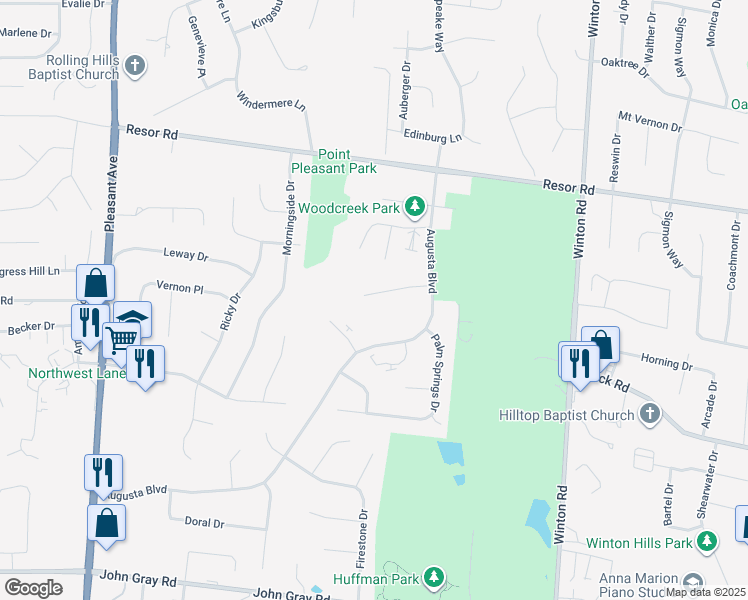 map of restaurants, bars, coffee shops, grocery stores, and more near 2055 Woodtrail Drive in Fairfield
