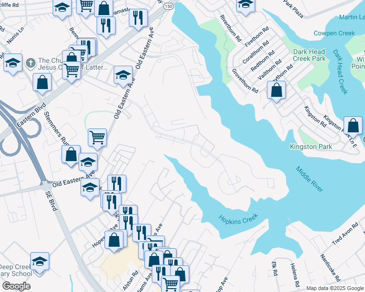 map of restaurants, bars, coffee shops, grocery stores, and more near 431 Hopkins Landing Drive in Essex