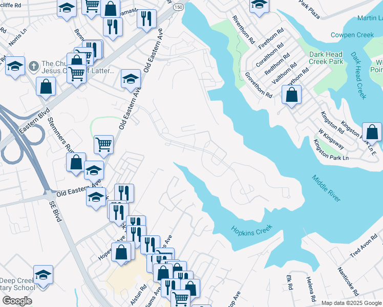 map of restaurants, bars, coffee shops, grocery stores, and more near 435 Hopkins Landing Drive in Essex