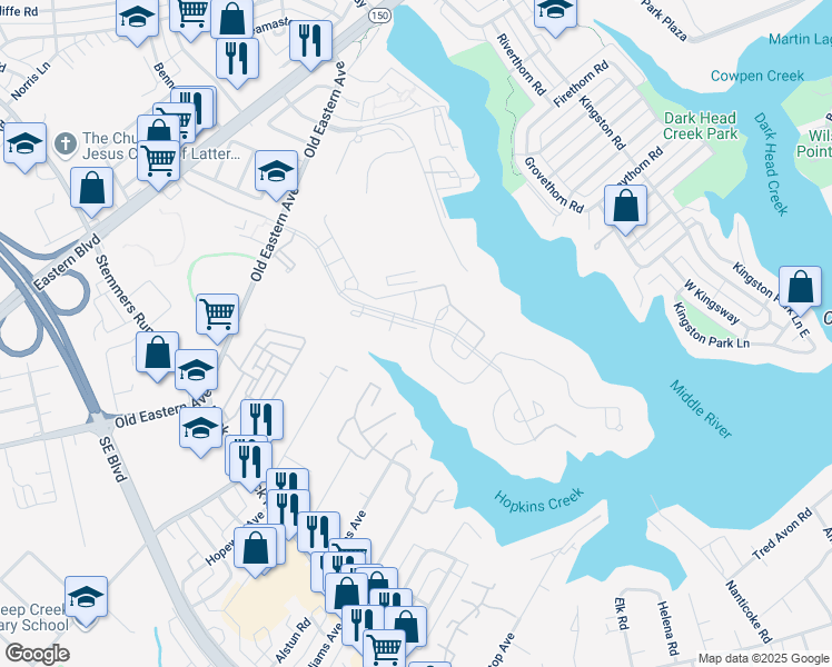 map of restaurants, bars, coffee shops, grocery stores, and more near 445 Hopkins Landing Drive in Essex