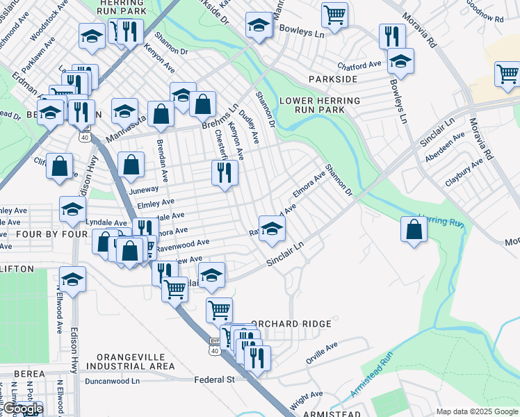 map of restaurants, bars, coffee shops, grocery stores, and more near 3912 Kenyon Avenue in Baltimore