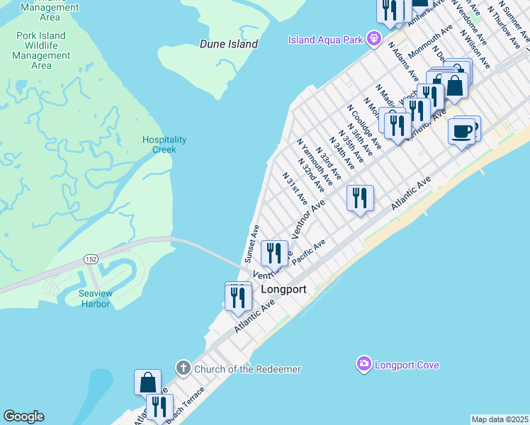 map of restaurants, bars, coffee shops, grocery stores, and more near 2901 Sunset Avenue in Longport
