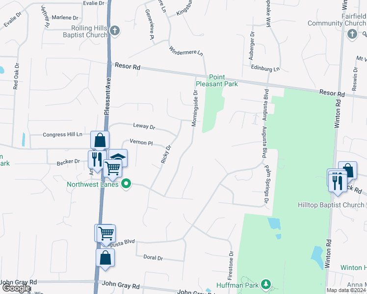 map of restaurants, bars, coffee shops, grocery stores, and more near 6005 Morningside Drive in Fairfield
