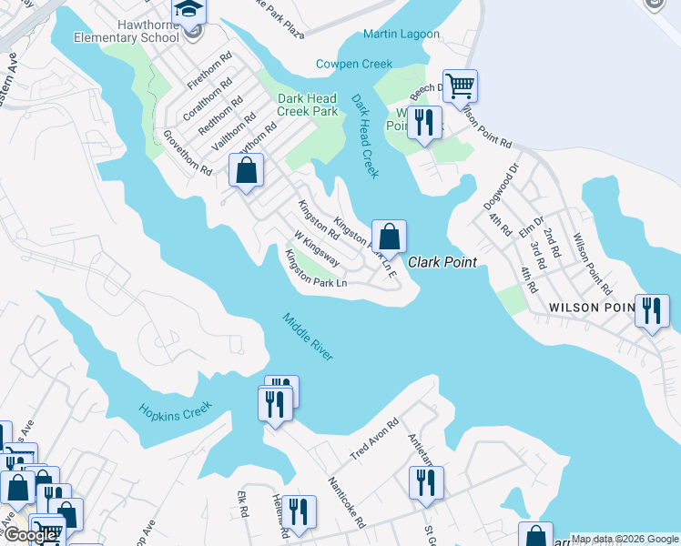 map of restaurants, bars, coffee shops, grocery stores, and more near 736 West Kingsway Road in Middle River