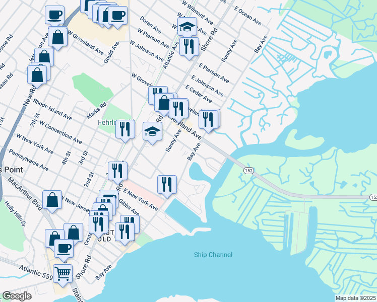 map of restaurants, bars, coffee shops, grocery stores, and more near 124 Pleasant Avenue in Somers Point