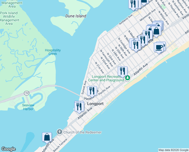 map of restaurants, bars, coffee shops, grocery stores, and more near 2927 Longport Drive in Longport