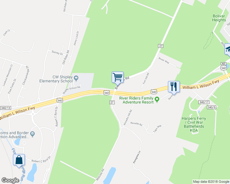 map of restaurants, bars, coffee shops, grocery stores, and more near U.S. 340 & County Route 27 in Jefferson