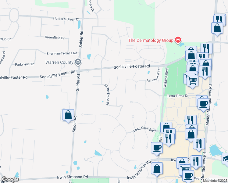 map of restaurants, bars, coffee shops, grocery stores, and more near 8366 Lee Court in Mason