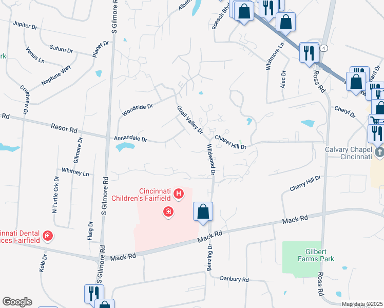map of restaurants, bars, coffee shops, grocery stores, and more near 4 Brushback Court in Fairfield